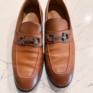 Salvatore Ferragamo Tan Leather Loafers with Silver Buckle